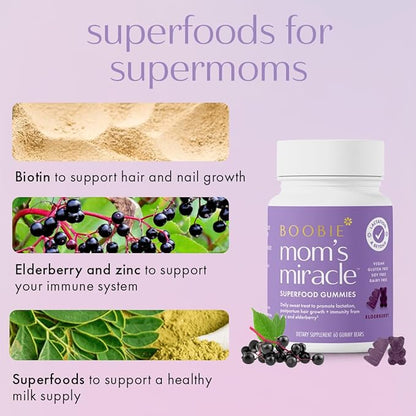 Boobie Bears Lactation Support Gummies | Helps As Milk Supply Booster & Supports Immune Health & Hair Growth | Breastfeeding Supplements with Zinc & Elderberry for Milk Supply Increase, 60 Count