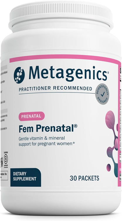 Metagenics Fem Prenatal - Prenatal Vitamin & Mineral Packs with Folate, Choline, Iron & Biotin - Supports Fetal & Brain Development - Non-GMO, Gluten-Free, Dairy-Free - cGMP Certified - 30 Packets