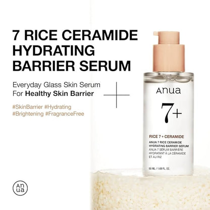 Anua Rice Ceramide 7 Hydrating Barrier Serum, Moisturizing Face Serum, Non-comodogenic, Hyaluronic Acid, Niacinamide, Lightweight, Fragrance Free, Sensitive Dry Skin, Korean Skincare, 1.69 fl oz