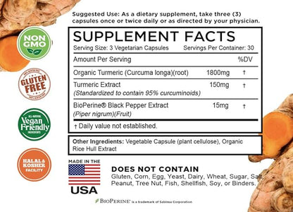 Turmeric Curcumin with BioPerine Black Pepper & 95% Curcuminoids, 1965mg, Maximum Absorption for Joint Support, Non-GMO Turmeric Capsules, Made in USA - 90 Veg Caps