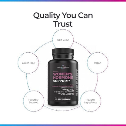 Livingood Daily Women’s Hormone Support Supplement, Estrogen Balance with Fenugreek, Black Cohosh, Chasteberry, DIM, Natural PMS & Menopause Support, Non GMO, Gluten Free, Vegetarian Capsules, 120 Ct