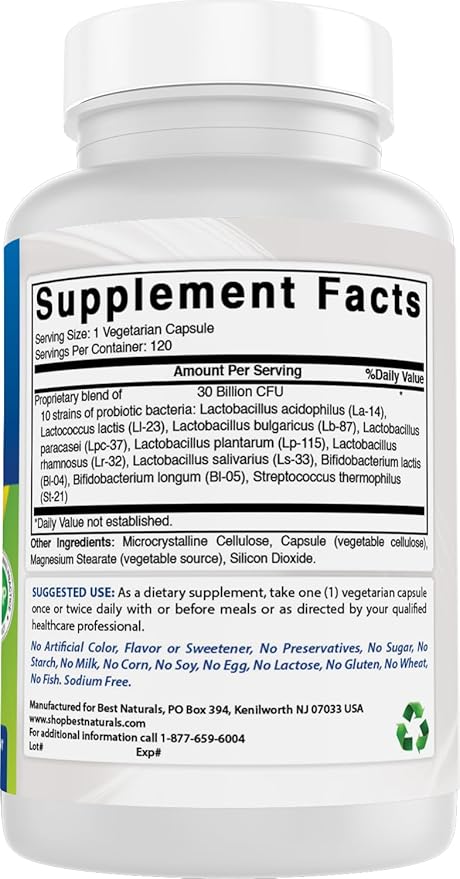 Best Naturals Probiotic 10 Strains & 30 Billion CFU Intestinal Flora, 120 Veggie Capsules - Shelf Stable probiotic (4146365)