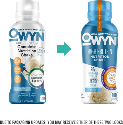 OWYN Only What You Need High Protein Shake, Vanilla Flavored, 26g Protein, 0g Sugar, 3g Fiber, Dairy Free, Plant Based Protein Drink, 12 Count