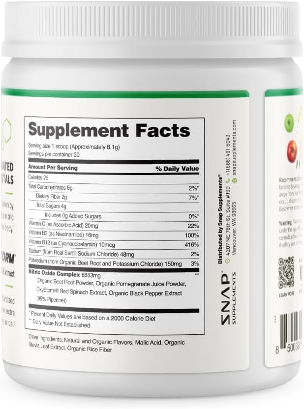 Snap Supplements Organic Beet Root Powder Nitric Oxide Supplement for Men & Women, Red Spinach & Pomegranate, Supports Healthy Energy & Blood Pressure Already in Normal Range, 30 Servings, Apple