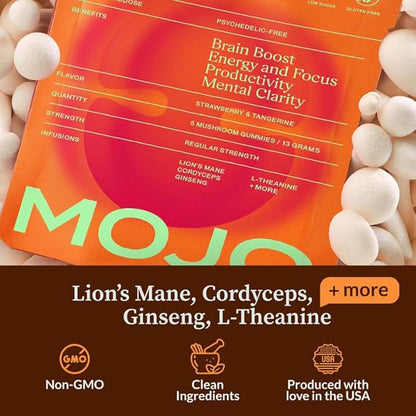 Mojo Focus Gummies with Lion’s Mane, Panax Ginseng, Ginger Root & Cordyceps, Brain Supplement for Memory and Focus, Nootropic Mushroom Gummies for Adults, Vegan Strawberry Tangerine, 3 Pack