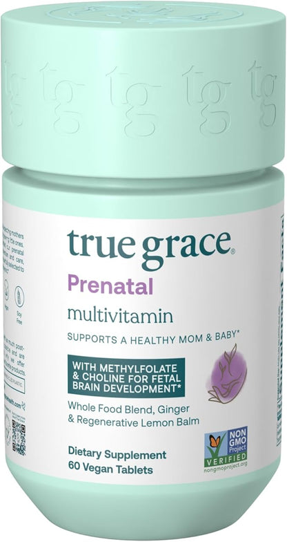 True Grace Prenatal Multivitamin - 30 Servings - Supports a Healthy Mom & Baby with Methylfolate & Choline for Fetal Brain Development - Gluten Free, Soy Free - 60 Vegan Tablets