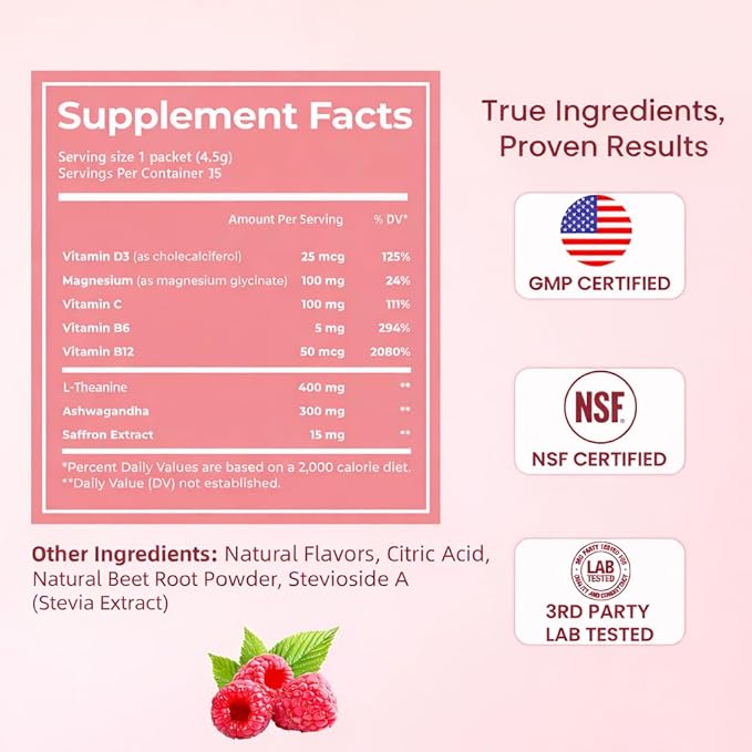 Calm Magnesium Powder Cortisol Supplement for Women, Supports Sleep, Stress Relief & Relax with Ashwagandha, Saffron, L Theanine, Vitamin D3, No Sugar, 15Ct, Raspberry Lemonade
