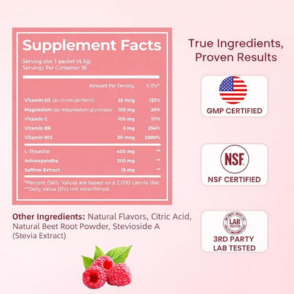 Calm Magnesium Powder Cortisol Supplement for Women, Supports Sleep, Stress Relief & Relax with Ashwagandha, Saffron, L Theanine, Vitamin D3, No Sugar, 15Ct, Raspberry Lemonade