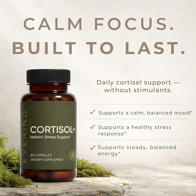 EVEKIND Cortisol+ – Cortisol Supplement for Women | Stress Support | Calm Mood, Focus & Steady Energy | KSM-66® Ashwagandha, Rhodiola, L-Theanine, Magnesium Glycinate | 60 Capsules