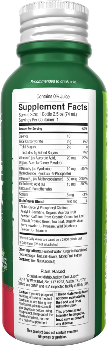 BrainJuice Energy & Focus Shot, Gluten Free Supplement, Healthy Drinks with Alpha GPC, Vitamin B & Organic Green Tea Extract Caffeine, Strawberry Lemonade, 2.5 fl oz, 12 pack