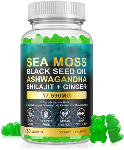 Sea Moss Gummies, Sea Moss, Bladderwrack, Ashwagandha, Burdock Root, Energy, Immune Support, 60 Vegan Gummies