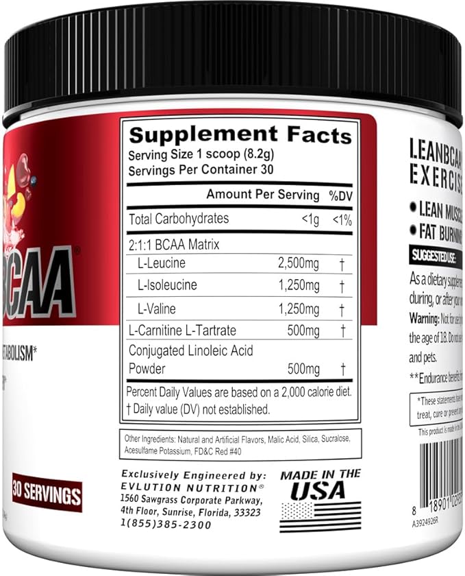 Stimulant Free Lean BCAA Powder - Evlution Nutrition BCAAs Amino Acids Powder with CLA Carnitine and 2:1:1 Branched Chain Amino Acids Supports Muscle Recovery Fat Burn and Metabolism - Fruit Punch