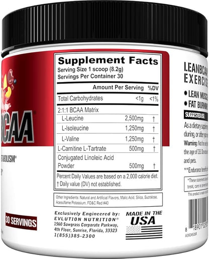 Stimulant Free Lean BCAA Powder - Evlution Nutrition BCAAs Amino Acids Powder with CLA Carnitine and 2:1:1 Branched Chain Amino Acids Supports Muscle Recovery Fat Burn and Metabolism - Fruit Punch