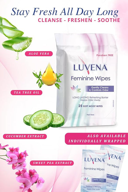 Luvena Feminine Wipes for Women — pH Balanced, Dermatologist Tested, Gentle Intimate Cleansing Cloths, Cucumber Scented, Travel Size (25 Count, 1 Pack)