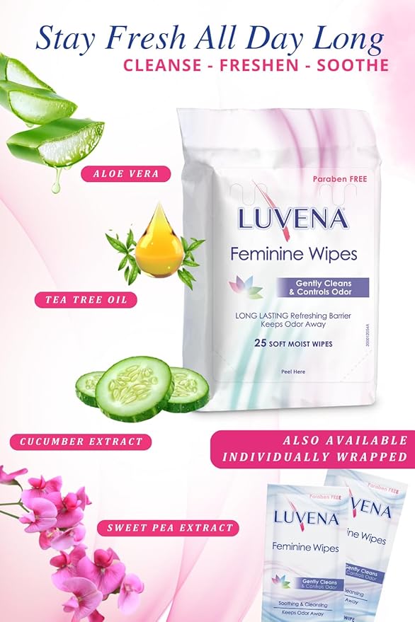 Luvena Feminine Wipes - Soft Wet Wipes for Women - Refresh & Resist Odor - Gynecologist Tested - Travel Friendly Cleansing Cloths - Cucumber Scented (25 Count, 3 Pack)