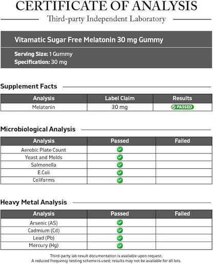 Vitamatic Sugar Free Melatonin 30mg per Gummy - 60 Servings - 60 Vegetarian Gummies - Non-Habit Forming Supplement (60 Count (Pack of 2))