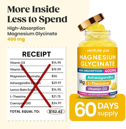 60 Day Supply Magnesium Glycinate 400mg Gummies with Ashwagandha, L-Theanine, CoQ10, Vitamin D3 & B6, Sugar Free Magnesium Gummies for Adults & Kids, Stress Relief, Sleep & Calm, Vegan, Gluten Free