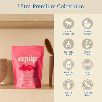 Equip Foods Core Bovine Colostrum Gummies - Delicious 1g Per Seving Grass Fed Colostrum Supplement - Gut Health, Immunity, Recovery, Hair & Skin - 60 Bovine Colostrum Gummies, 30 Servings, Raspberry