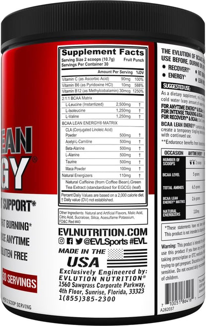 EVL BCAA Lean Energy Powder - Pre Workout Green Tea Fat Burner Support with BCAAs Amino Acids and Clean Energizers - BCAA Powder Post Workout Recovery Drink for Lean Muscle Recovery - Fruit Punch