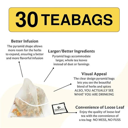 BREWIX, Turmeric Tea with Ashwagandha Root and Black Pepper (30 Plant Based Tea Bags) Caffeine-Free for Relaxation & Daily Stress Support | Herbal Tea For Health & Wellbeing | Supports Restful Sleep