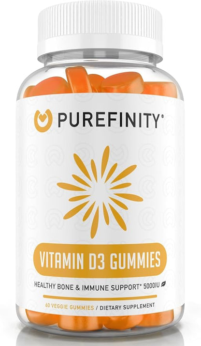 PUREFINITY Vitamin D3 5000 iu Gummies – Your Daily Vitamin D Supplement for Bone Health, Immune Health, and Joint Muscle Support for Adults & Kids – Gluten Free, Non-GMO – 60 Veggie Gummies