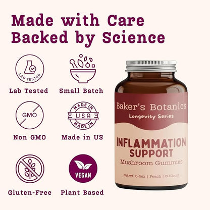 Baker's Botanics Longevity Inflammation Support Gummies - Mushroom Gummies for Complete Women Wellness | Chaga, Maitake, Turmeric, Astragalus & Zinc | Peach Flavor | Vegan, Gluten-Free, Non-GMO