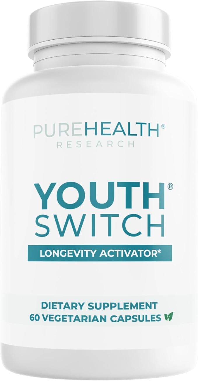 PUREHEALTH RESEARCH Youth Switch - Anti Aging Supplement for Women & Men - Longevity Mix for Healthy Aging - with Ashwagandha, Cat's Claw Extract, Astragalus Root, L-Lysine HCL & More - 60 Capsules