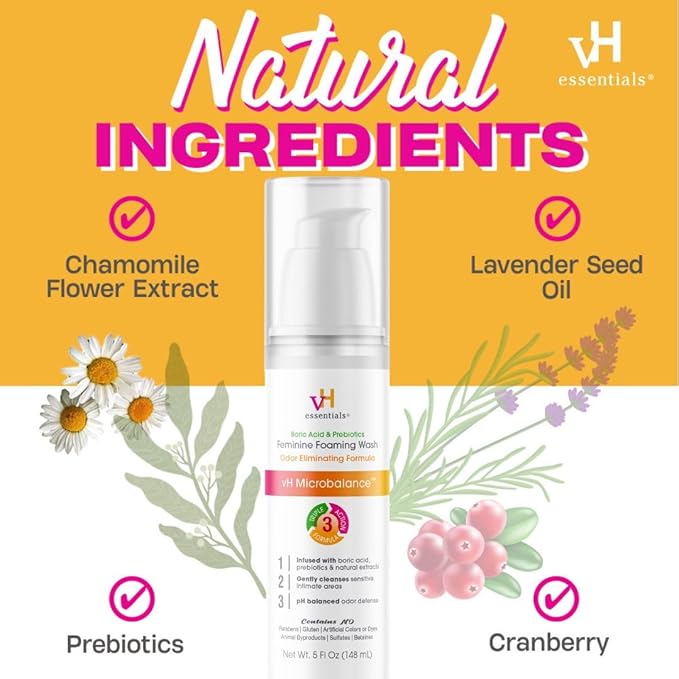 vH essentials Feminine Foaming Wash with Boric Acid and Prebiotics, Odor Eliminating pH-Balanced Daily Cleanser with Lavender and Chamomile, 5 fl oz (Pack of 2)