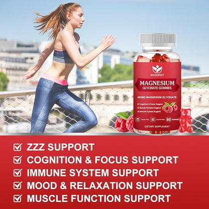 Magnesium Glycinate Gummies - 400mg Magnesium Glycinate Gummy with Vitamin D, B6, and CoQ10, Magnesium Supplement for Relaxation and Cognition, Sugar Free - 60 Raspberry Gummies (3 Pack)