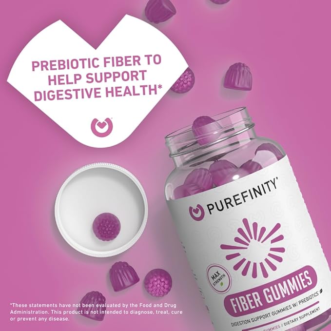 PUREFINITY Fiber Gummies for Adults with Inulin FOS from Chicory Root, Sugar Free Prebiotic Supplement for Daily Digestion & Constipation Support – Non-GMO, Vegan, 60 Count