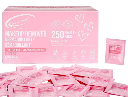 Air Jungles 250 Count Bulk Makeup Remover Wipes, Individually Wrapped Cleansing Face Lid Eyes Waterproof Makeup, Infused with Vitamin E for All Skin Types, Fragrance-Free-Hotel Travel Size Toiletries