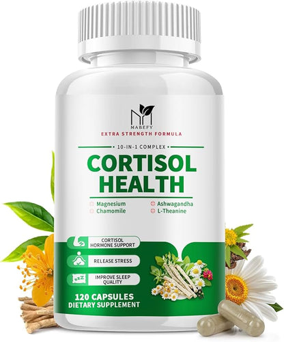 Cortisol Supplements for Women/Men - 10 in 1 Cortisol Manager Reducer Lower Detox Balance with Magnesium, Ashwagandha, L-Theanine for Stress Sleep Calm Mood Support - 120 Capsules for 60 Days