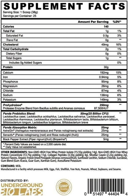 Underground Bio Labs Panda Fuel Premium Protein Whey,Hydrolyzed Collagen,Casein,Probiotics, Enzymes, Keto Friendly,Time Release, 25 Servings (2.5 Pound, Pineapple Whip)
