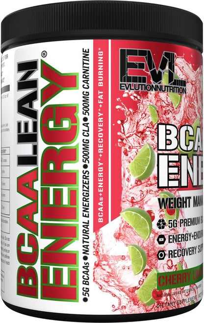 EVL BCAA Lean Energy Powder - Pre Workout Green Tea Fat Burner Support with BCAAs Amino Acids and Clean Energizers - Post Workout Recovery Drink for Lean Muscle Recovery - Cherry Limeade