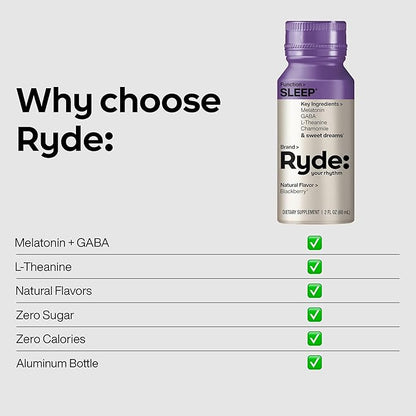 Ryde: SLEEP | 2oz Sleep Shot for Occasional Use | Melatonin, GABA, L-Theanine & Chamomile | Blackberry Natural Flavor | Sugar-Free, Zero Calories, Vegan | Manufactured in USA (24 Pack)