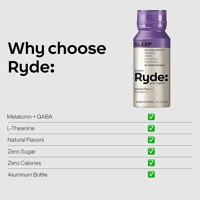 Ryde: SLEEP | 2oz Sleep Shot for Occasional Use | Melatonin, GABA, L-Theanine & Chamomile | Blackberry Natural Flavor | Sugar-Free, Zero Calories, Vegan | Manufactured in USA (8 Pack)