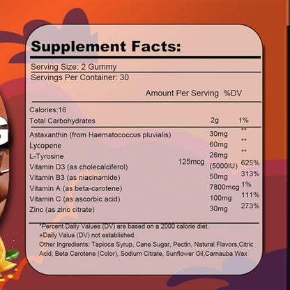 Vegan Beauty Gummies with Astaxanthin & Lycopene, Natural Skin Hydration & Anti-Aging Supplement, Beta Carotene, Vitamins A, C, D3 for Women, Immune Support, Marine Collagen Alternative