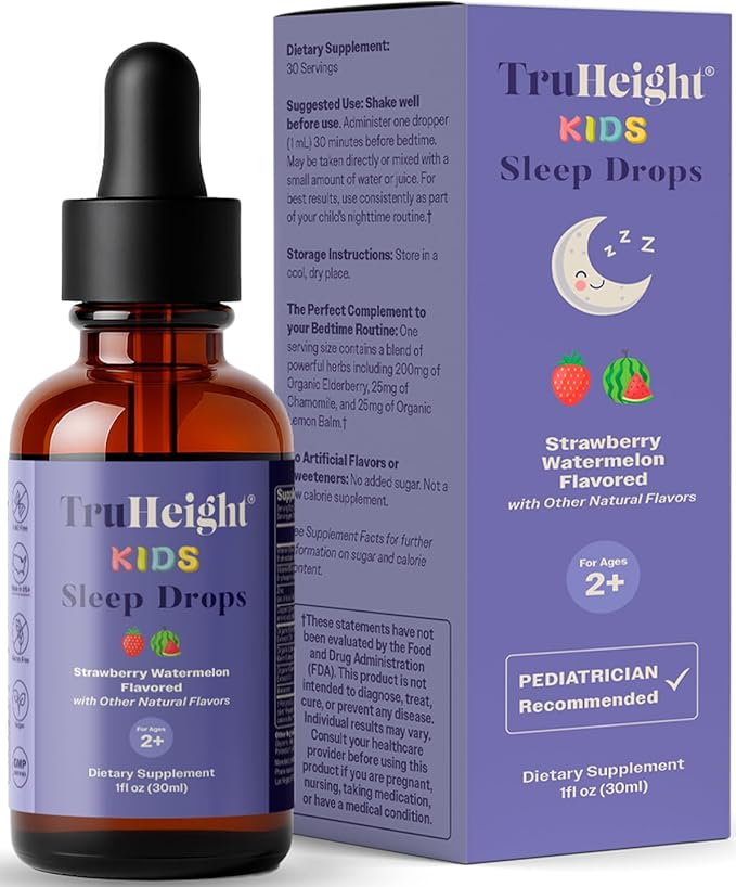 TruHeight Kids Sleep Tincture Ages 2+ (Watermelon Flavor) - Babies, Toddlers & Kids Natural Sleep Aid - Baby, Toddler, Child Melatonin 2 Year Old+ - Vitamin B6, Riboflavin, Zinc, Copper, Lemon Balm