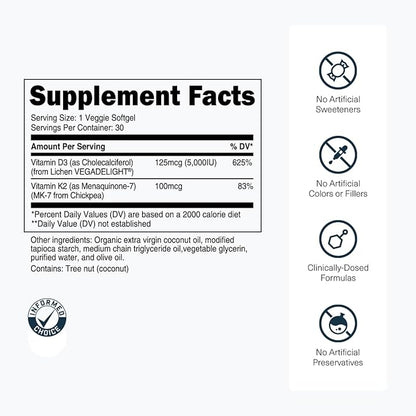 Transparent Labs Vitamin D3 K2 - Vitamin D & K2 Vitamin Supplement for Men & Women, Vegan-Friendly D3K2 5000 IU Supplements to Support Bone, Immune, and Overall Health - K2 D3 60 Capsules