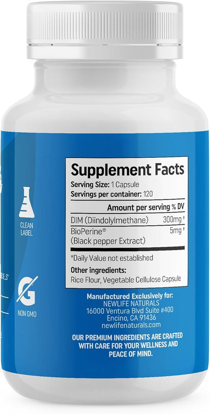 NewLife Naturals DIM Supplement 300mg, Women & Men - Hormonal Acne and Balance, Estrogen, Menopause Support - 120 Day Supply