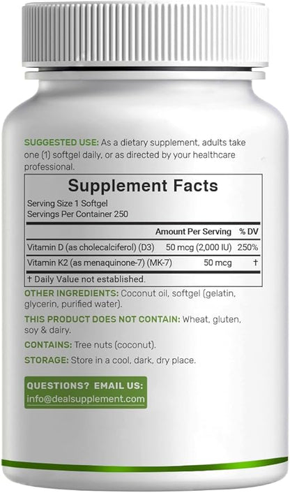 DEAL SUPPLEMENT Vitamin D3 2,000 IU + K2 MK7 50mcg Softgels | 2-in-1 Complex with Virgin Coconut Oil | Supports Heart, Bone, Teeth & Immune Health | Easy to Swallow