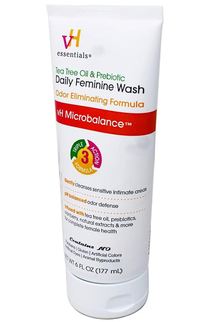 vH essentials Intimate Feminine Wash, pH Balanced with Tea Tree Oil, Cranberry, Prebiotics Odor Eliminating Formula, 6 FL OZ - 3 Pack