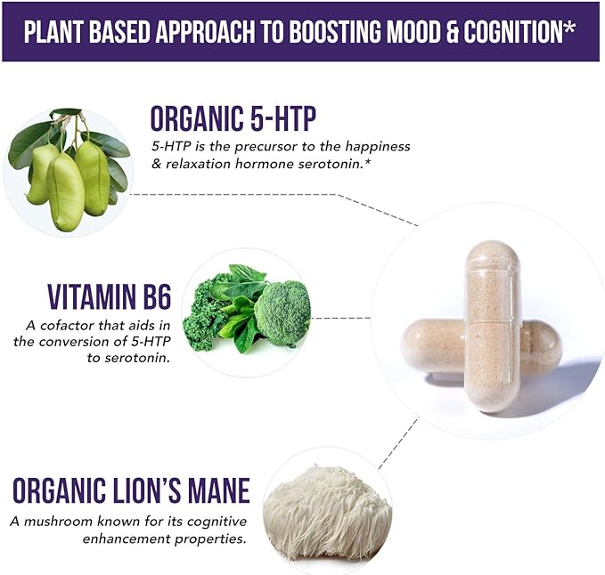 Organic 5-HTP - 200 mg | 99% 5HTP Concentration, Plus Cofactor Vitamin B6 & Lion’s Mane | Water Extracted from Organic Griffonia Seeds | Supports Mood, Cognition & Sleep (60 Capsules | 30 Servings)