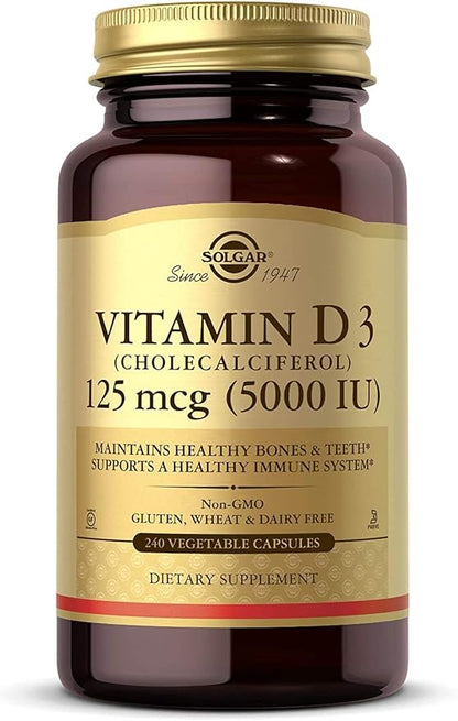Solgar Vitamin D3 (Cholecalciferol) 125 mcg (5000 IU), 240 Vegetable Capsules - Helps Maintain Healthy Bones & Teeth - Immune System Support - Non-GMO, Gluten Free - 240 Total Servings