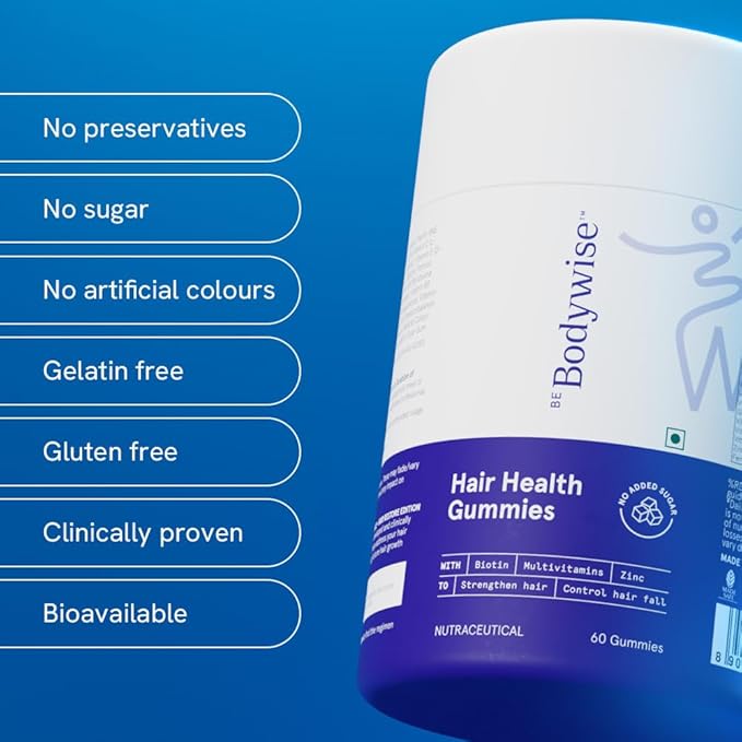 Be Bodywise Biotin Hair Growth Gummies for Women I Sugar Free I Hair Skin and Nails Vitamins I Biotin, Zinc, Folic Acid, Vitamin C, Keratin & Multivitamin I 100% Vegan, Gluten Free I 60 Day Pack