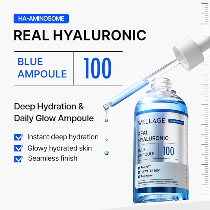 WELLAGE Real Hyaluronic Blue Ampoule 100, Korean Hydrating Serum for Face, Fragrance Free Hyaluronic Acid Deep Moisturizing Serum with Panthenol, PDRN for Sensitive Dry Skin Moisturizer, 2.54 Fl Oz_R