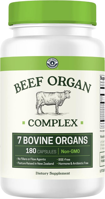 Beef Organ Supplement Grass Fed - 7 Beef Organs Complex from New Zealand - Liver Heart Pancreas Kidney Lung Spleen Bone Marrow - Non-GMO, No Fillers, Hormone & Antibiotic Free - Carnivore Diet - 180ct