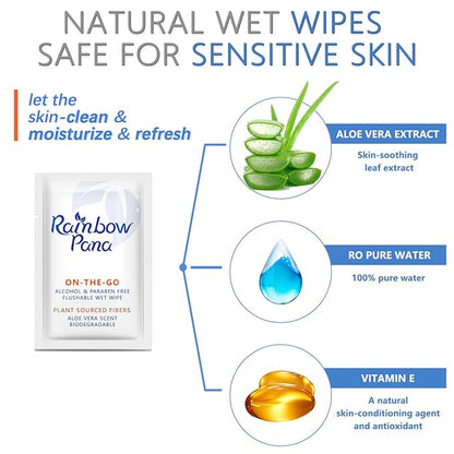 RainbowPana Flushable Wipes - 120 Count, ON-THE-GO Individually Wrapped - Travel Butt Wipes for Men and Women, Family - Infused with Vitamin E and Natural Aloe, pH Balanced, Paraben/Fragrance/Alcohol Free, 100% Plant Sourced Fibers - Cleanse and Moistu...