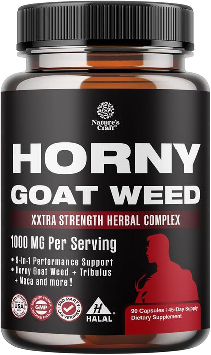 Natures Craft Horny Goat Weed for Men - Extra Strength Male Supplement with Black Maca Root, Tongkat Ali, Saw Palmetto & Panax Ginseng Extract for Stamina & Energy - 90 Count