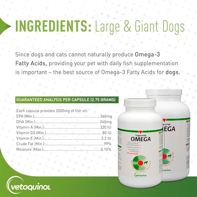 Vetoquinol Triglyceride Omega - Fish Oil for Dogs & Cats - Supports Healthy Skin, Coat & Normal Immune Response - Supplement with Vitamin Blend for Heart, Eye, Bone & Muscle Support - 60 Capsules